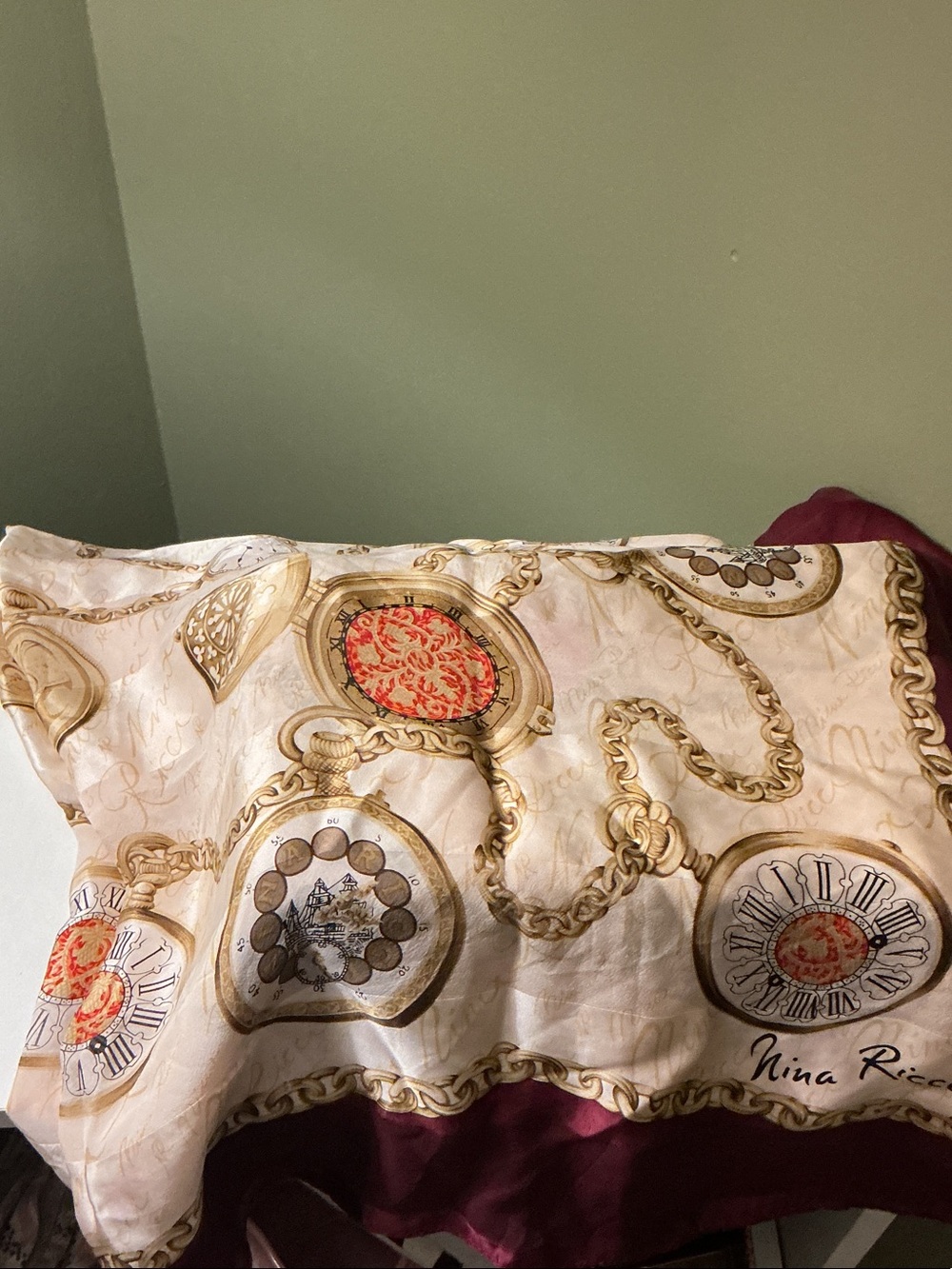 Nina Ricci Cream Silk Scarf Gold Chain Burgundy Border Pocketwatch Print EUC - Picture 2 of 5